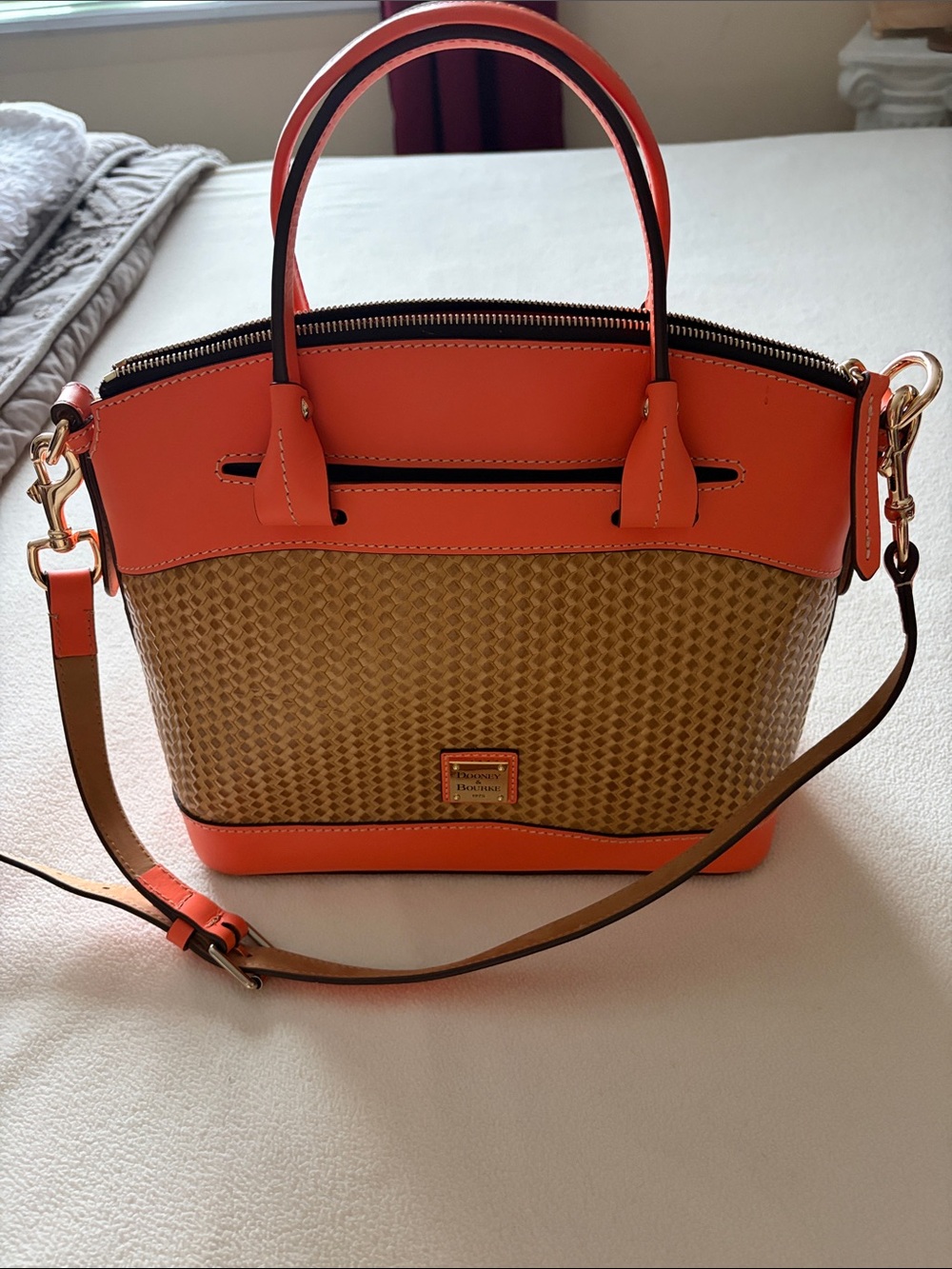 Dooney & Bourke Orange Trim Woven Satchel with Tan Body